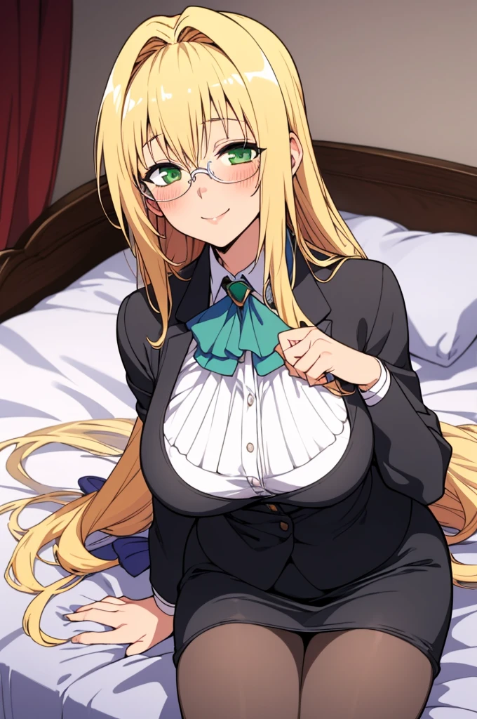 (masterpiece, best quality), 1girl,   aatearju, very long hair, low-tied long hair, hair ribbon, green eyes, glasses,blonde, huge breasts, white ascot, black jacket, long sleeves, black skirt,on bed,looking viewer,blush,smile,pantyhose,nsfw