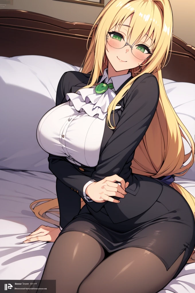 (masterpiece, best quality), 1girl,   aatearju, very long hair, low-tied long hair, hair ribbon, green eyes, glasses,blonde, huge breasts, white ascot, black jacket, long sleeves, black skirt,on bed,looking viewer,blush,smile,pantyhose,nsfw