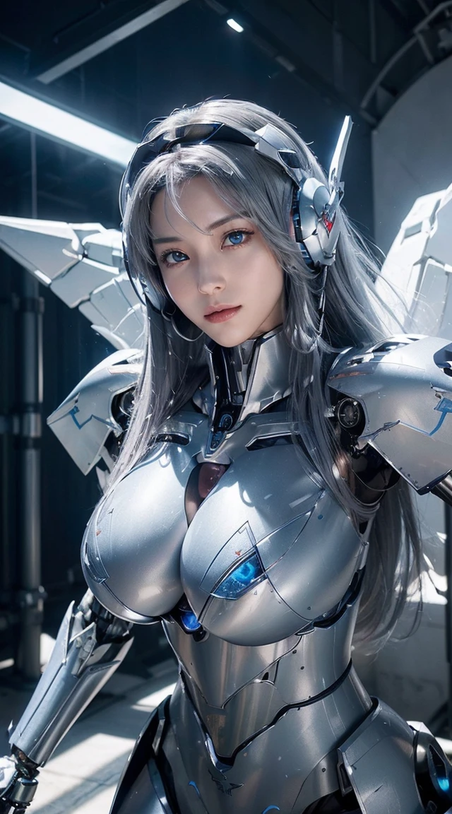 ((Intense action pose:1.6))、((Shining lenses on both breasts:1.3))、((Blue pillars of light are emanating from both chests.:1.3))、smile、((8K)), ((32k)), ((Highest quality)), ((masterpiece)), ((超A high resolution)), ((Tmasterpiece)), ((Halation:1.4))、((Mechaニカルheadgear:1.2))、((Cyber Headphones:1.3))、Fine skin, High quality fabric, Fine metal texture、((Beautiful and dense face))、RAW Photos、Professional, Ultra-fine painting, ((alone)), Beautiful breasts、Highest quality, Very detailed, Very detailed詳細, Finer details, so beautiful, ((Princess Knight Robot:1.2)), (Joints of machines, Mechanical Limbs:1.3), (The internal structure of the machine is exposed:1.3), (Long silver hair:1.1), (Beautiful and huge mechanical breasts)、White Veil, cowboy_shot, Side Focus, headgear, Shiny、(Five Fingers, Four fingers and thumb),Concept Art, Anime fantasy artwork, Detailed fantasy art, (with pale blue-violet hair and large white wings,,,,,,,), (((Long silver hair))), (Mecha:1.6)、Sleek and intimidating design, ((Commander-in-Chief'arm)), (Perfect robot body)、純白と青紫armまたは, Symmetrical wings, 8K high quality, detailed art, 3D rendering of character art in 8K, neat legs, Defined, Defined fingers,