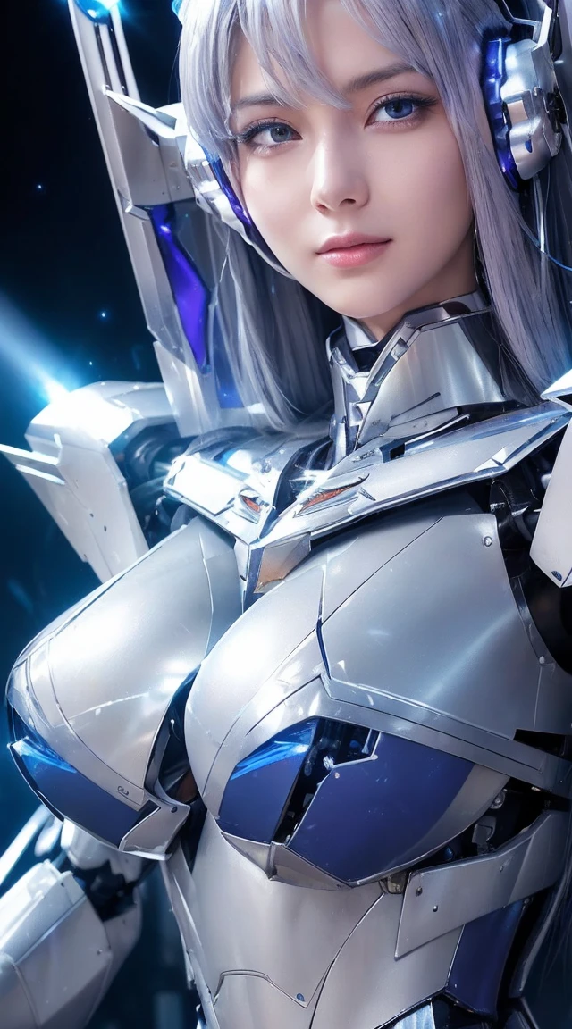((Extreme close up:1.6))、(((Lenses shining on both breasts:1.3)))、((Blue pillars of light radiate from both of his chests..:1.3))、break、(((Dynamic pose:1.8)))、smile、((8K)), ((32k)), ((Highest quality)), ((masterpiece)), ((超A high resolution)), ((Tmasterpiece)), ((Halation:1.4))、((Mechaニカルheadgear:1.2))、((Cyber Headphones:1.3))Fine skin, High quality fabric, High-quality metal texture、((Beautiful and dense face))、RAW Photos、Professional, Ultra-fine painting, ((alone)), Beautiful breasts、Highest quality, Very detailed, Very detailed詳細, Finer details, so beautiful, ((Princess Knight Robot:1.2)),  (Joint of the machine, Mechanical Limbs:1.3), (The internal structure of the machine is exposed:1.3), (Long silver hair:1.1), (Beautiful and huge mechanical breasts)、White Veil, cowboy_shot, Side Focus, headgear, Shiny、(Five Fingers, Four fingers and thumb),Concept Art, Anime fantasy artwork, Detailed fantasy art, (with pale blue-violet hair and large white wings,,,,,,,,), (((Long silver hair))), (Mecha:1.6)、Sleek and intimidating design, ((Commander-in-Chief&#39;arm)), (Perfect robot body)、純白と青紫のarmまたは, Symmetrical wings, 8K High Resolution, Detailed Art, 3D rendering of character art in 8K, neat legs, Defined, Defined fingers,((headshot:1.3))