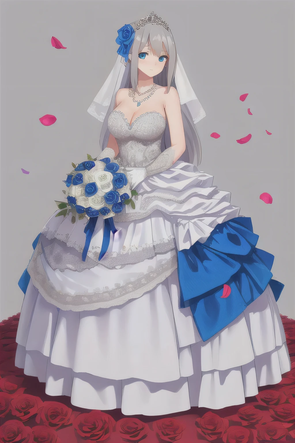 (((Best quality))),((Ultra-detailed)),((illustration)),((Disheveled hair)),((frilld)),(1 girl),(Solo),1girl,
1girl,
blue bow,
blue eyes,
blue flower,
blue ribbon,
blue rose,
bouquet,
breasts,
dress,
flower,
gradient,
gradient background,
grey background,
jewelry,
long hair,
necklace,
petals,
rose,
solo,
veil,
wedding dress,
white dress,
lexington \(warship girls r\),
gray hair,
long dress,
full body,