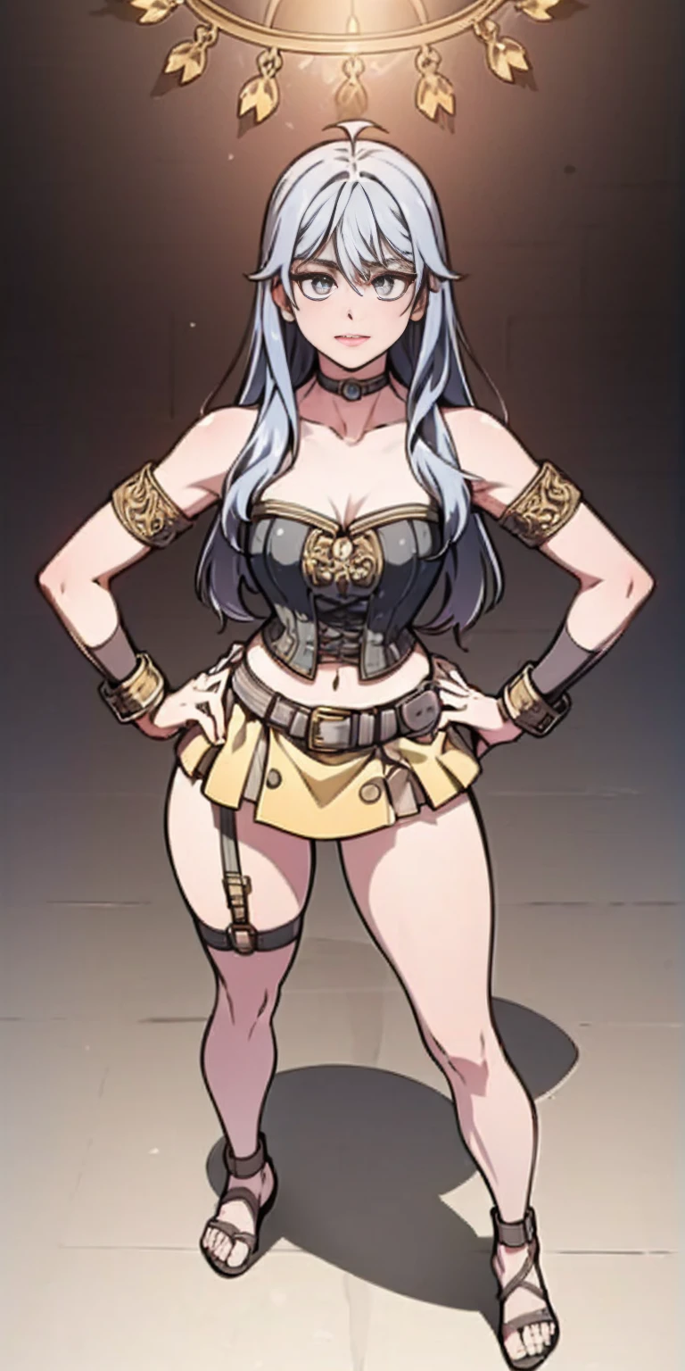 (masterpiece,plain background:1.2) whole body 1sologirl standing loincloth warrior proud expression, hands on the hips, standing loincloth, hands on the hips, metal sandals, leather choker with golden bell navel, leather corset, big belt, View from below, Feet together, Bracers, tiara