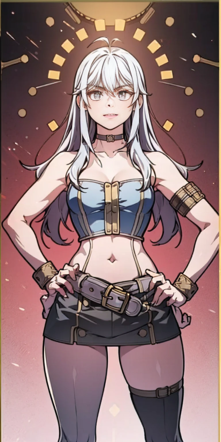 (masterpiece,plain background:1.2) whole body 1sologirl standing loincloth warrior proud expression, hands on the hips, standing loincloth, hands on the hips, metal sandals, leather choker with golden bell navel, leather corset, big belt, View from below, Feet together, Bracers, tiara