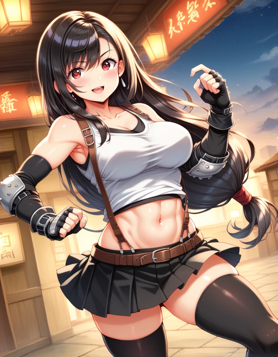 (score_9,score_8_up,score_7_up,score_6_up,score_5_up,score_4_up), BREAK ,,((punch,dynamic angle, dynamic pose, hand focus, punch focus,battle)),upperbody,looking_at_viewer ,1girl, tifa lockhart, final fantasy, tareme,black hair, low-tied long hair, red eyes,wide-eyed, bangs, (white tank top, belt, pleated skirt, thighhighs, elbow fingerless gloves, elbow pads, midriff, navel,suspender skirt) ,large_breasts,(light smile),,,Solo,,(daytime and outdoor and mountain),hyper detailed,beautiful,great lighting, perfect hands, detailed shadows,anime artwork, anime style, key visual, vibrant, studio anime,HDR,highly detailed,anime coloring, masterpiece, best quality,best aestethic, absurdres,,professional lighting,cinematic lighting,rule of odds
