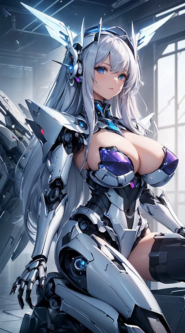 (Sit with one knee on the machine:1.6)、(Full body description:1.3)、((Shining lenses on both breasts:1.3))、((Blue pillars of light are emanating from both chests.:1.3))、smile、((8K)), ((32k)), ((Highest quality)), ((masterpiece)), ((超A high resolution)), ((Tmasterpiece)), ((Halation:1.4))、((Mechaニカルheadgear:1.2))、((Cyber Headphones:1.3))、Fine skin, High quality fabric, Fine metal texture、((Beautiful and dense face))、RAW Photos、Professional, Ultra-fine painting, ((alone)), Beautiful breasts、Highest quality, Very detailed, Very detailed詳細, Finer details, so beautiful, ((Princess Knight Robot:1.2)), (Joints of machines, Mechanical Limbs:1.3), (The internal structure of the machine is exposed:1.3), (Long silver hair:1.1), (Beautiful and huge mechanical breasts)、White Veil, cowboy_shot, Side Focus, headgear, Shiny、(Five Fingers, Four fingers and thumb),Concept Art, Anime fantasy artwork, Detailed fantasy art, (with pale blue-violet hair and large white wings,,,,,,,), (((Long silver hair))), (Mecha:1.6)、Sleek and intimidating design, ((Commander-in-Chief'arm)), (Perfect robot body)、純白と青紫armまたは, Symmetrical wings, 8K high quality, detailed art, 3D rendering of character art in 8K, neat legs, Defined, Defined fingers,