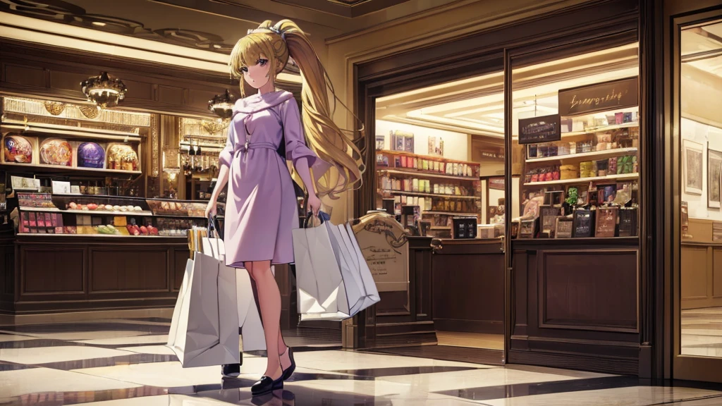 (masterpiece, top quality, best quality, official art, beautiful and aesthetic:1.2), (1girl:1.3), extremely detailed, official artstyle, highest detailed, parted lips,wallpaper, Kei Karuizawa, blonde hair, ponytail hairstyles, violet eyes, bangs, in mall, shopping, carrying shopping bag, shopping at mall, full body, perfect body, happy shopping