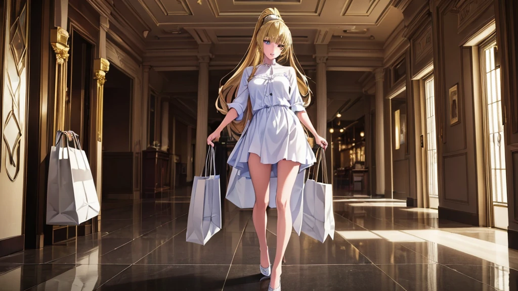 (masterpiece, top quality, best quality, official art, beautiful and aesthetic:1.2), (1girl:1.3), extremely detailed, official artstyle, highest detailed, parted lips,wallpaper, Kei Karuizawa, blonde hair, ponytail hairstyles, violet eyes, bangs, in mall, shopping, carrying shopping bag, shopping at mall, full body, perfect body, happy shopping