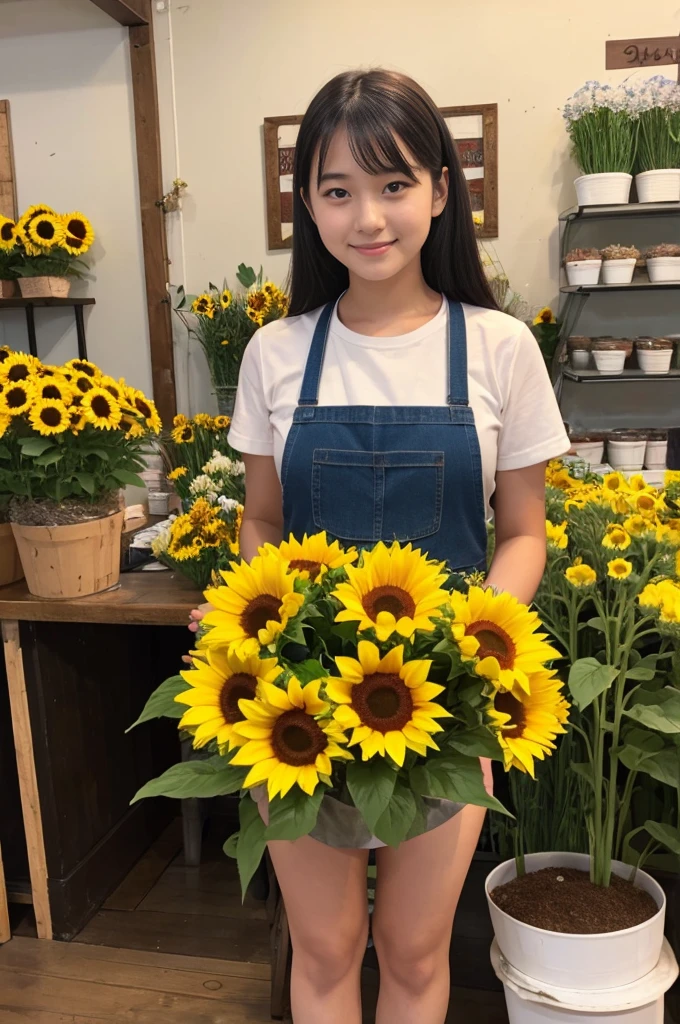 A 20-year-old girl working at a flower shop(Wearing a miniskirt and apron)have a sunflower