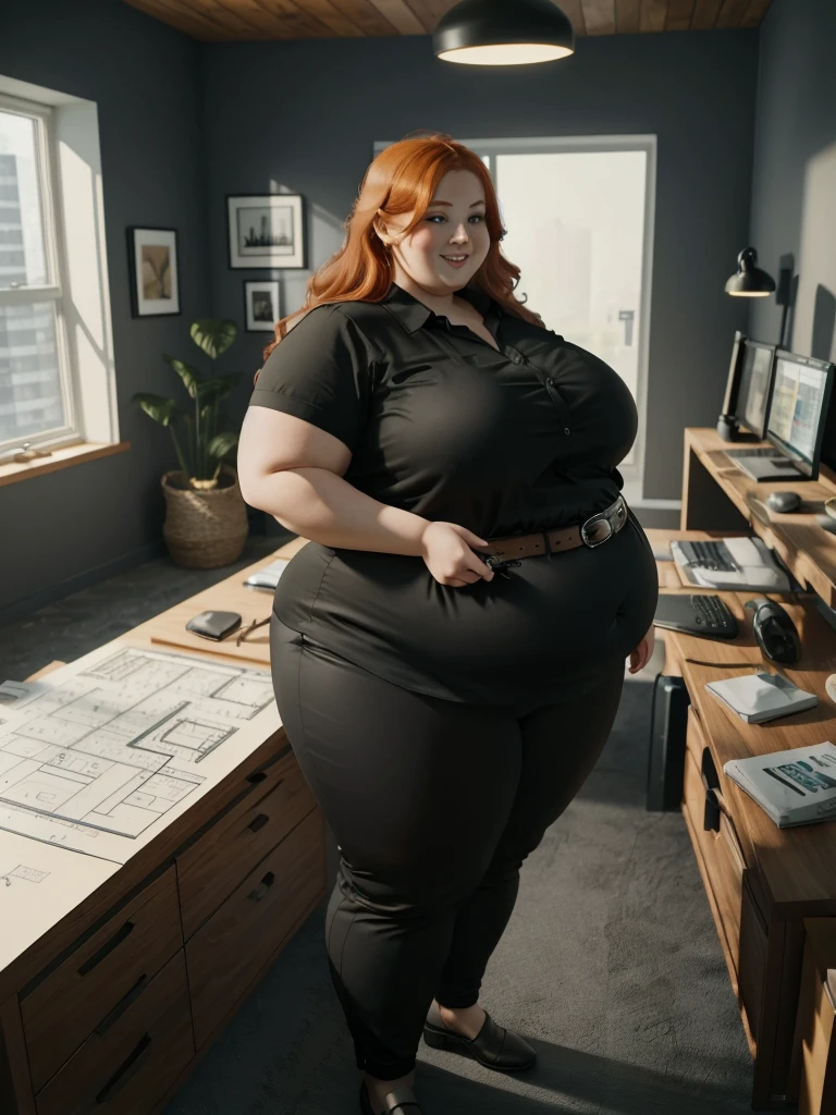 A happy/excited and detailed photo of a Beautiful ginger architect SSBBW, with long wavy ginger hair, with big soft fat belly, thicc fat arms, thicc wide legs, big breast, in long black pants, long black shirt tucked in her pants, black belt, in her new modern wooden-styled architect office holding a pen, architect office with a lot of building models and house blueprints, building blueprints on walls, huge window