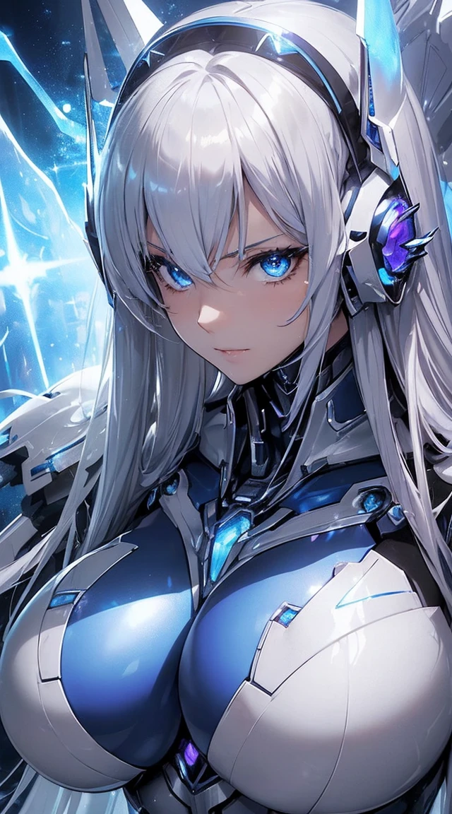((Extreme close up:1.6))、(((Lenses shining on both breasts:1.3)))、((Blue pillars of light radiate from both of his chests..:1.3))、break、(((Dynamic pose:1.8)))、smile、((8K)), ((32k)), ((Highest quality)), ((masterpiece)), ((超A high resolution)), ((Tmasterpiece)), ((Halation:1.4))、((Mechaニカルheadgear:1.2))、((Cyber Headphones:1.3))Fine skin, High quality fabric, High-quality metal texture、((Beautiful and dense face))、RAW Photos、Professional, Ultra-fine painting, ((alone)), Beautiful breasts、Highest quality, Very detailed, Very detailed詳細, Finer details, so beautiful, ((Princess Knight Robot:1.2)), (Joint of the machine, Mechanical Limbs:1.3), (The internal structure of the machine is exposed:1.3), (Long silver hair:1.1), (Beautiful and huge mechanical breasts)、White Veil, cowboy_shot, Side Focus, headgear, Shiny、(Five Fingers, Four fingers and thumb),Concept Art, Anime fantasy artwork, Detailed fantasy art, (with pale blue-violet hair and large white wings,,,,,,,,), (((Long silver hair))), (Mecha:1.6)、Sleek and intimidating design, ((Commander-in-Chief'arm)), (Perfect robot body)、純白と青紫のarmまたは, Symmetrical wings, 8K High Resolution, Detailed Art, 3D rendering of character art in 8K, neat legs, Defined, Defined fingers,((headshot:1.3))