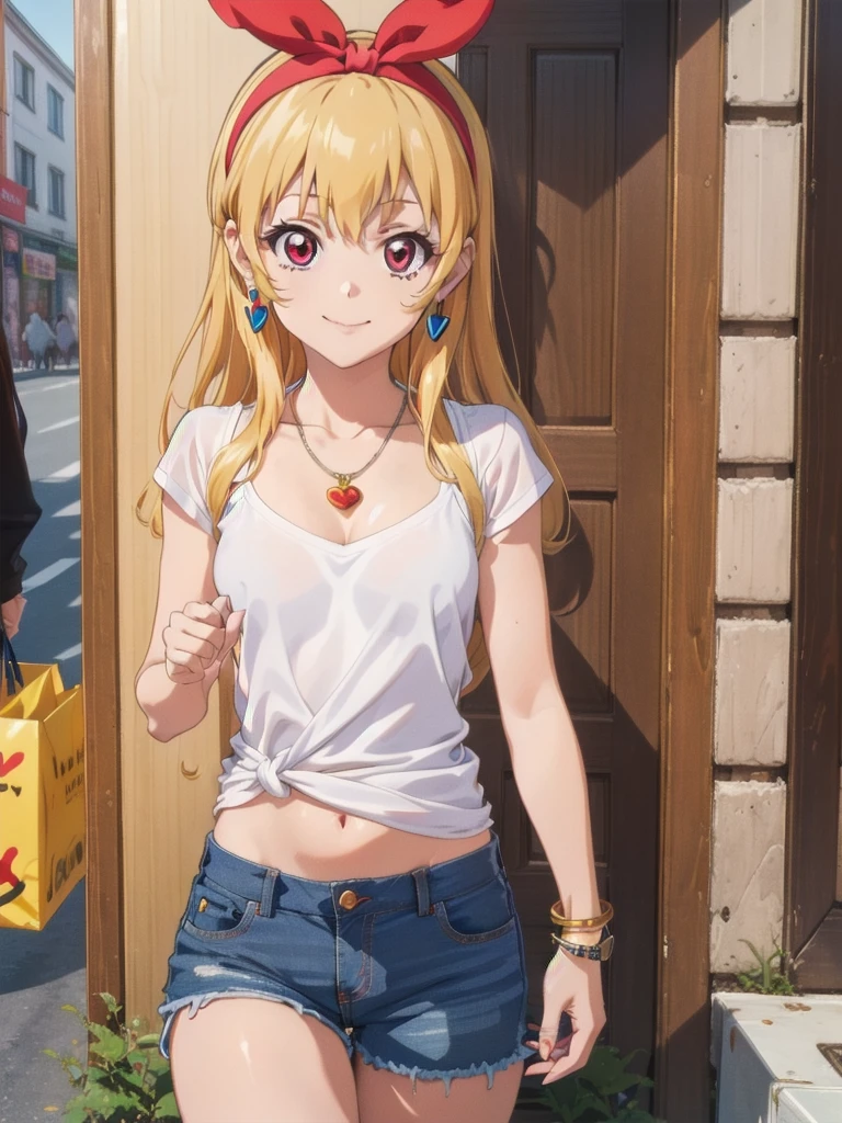 , ((beautiful)), ((masterpiece)), ((best quality)), (extremely detailed face), perfect lighting, highres, 8k, wallpaper, backlit, (absurdres), (ultra detailed, 8K, ultra highres:1.2), BREAK,(RED Ribbon on HAIRband:1.2),Blonde HAIR,smile,navel,groin,denim shorts,loose clothes,shirt pull:1.4,shorts pull:1.4,A fashionable female ,dressed in a casual yet stylish outfit,browsed the racks of clothes at the department store. She hummed a tune to herself as she examined the various accessories and small items on display. Her outfit consisted of a pair of ripped denim shorts paired with a loose, camisole and a pair of sneakers. She accessorized with a small, silver bracelet on her wrist. As she shopped, the girl couldn't help but be drawn to the various colorful and glittering items in the store. She picked up a pair of cute, heart-shaped earrings and a matching necklace,admiring them in the bright, fluorescent lighting,Ichigo Hoshimiya (Aikatsu!),from below,squatting,groin_focus,
