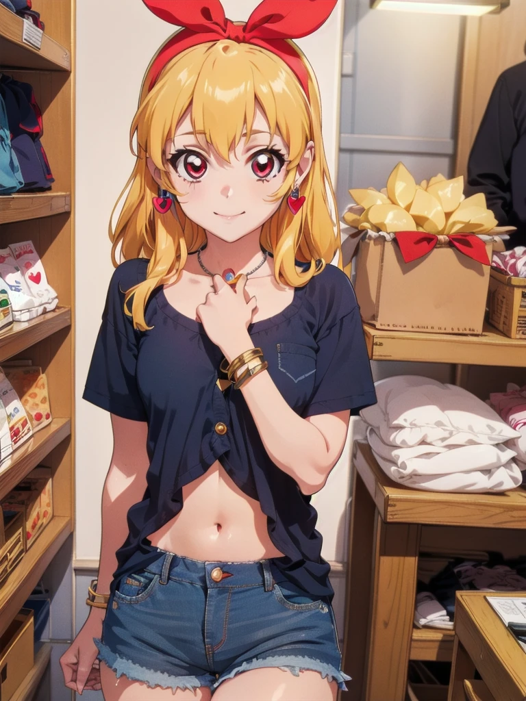 , ((beautiful)), ((masterpiece)), ((best quality)), (extremely detailed face), perfect lighting, highres, 8k, wallpaper, backlit, (absurdres), (ultra detailed, 8K, ultra highres:1.2), BREAK,(RED Ribbon on HAIRband:1.2),Blonde HAIR,smile,navel,groin,denim shorts,loose clothes,shirt pull:1.4,shorts pull:1.4,A fashionable female ,dressed in a casual yet stylish outfit,browsed the racks of clothes at the department store. She hummed a tune to herself as she examined the various accessories and small items on display. Her outfit consisted of a pair of ripped denim shorts paired with a loose, camisole and a pair of sneakers. She accessorized with a small, silver bracelet on her wrist. As she shopped, the girl couldn't help but be drawn to the various colorful and glittering items in the store. She picked up a pair of cute, heart-shaped earrings and a matching necklace,admiring them in the bright, fluorescent lighting,Ichigo Hoshimiya (Aikatsu!),from below,squatting,groin_focus,