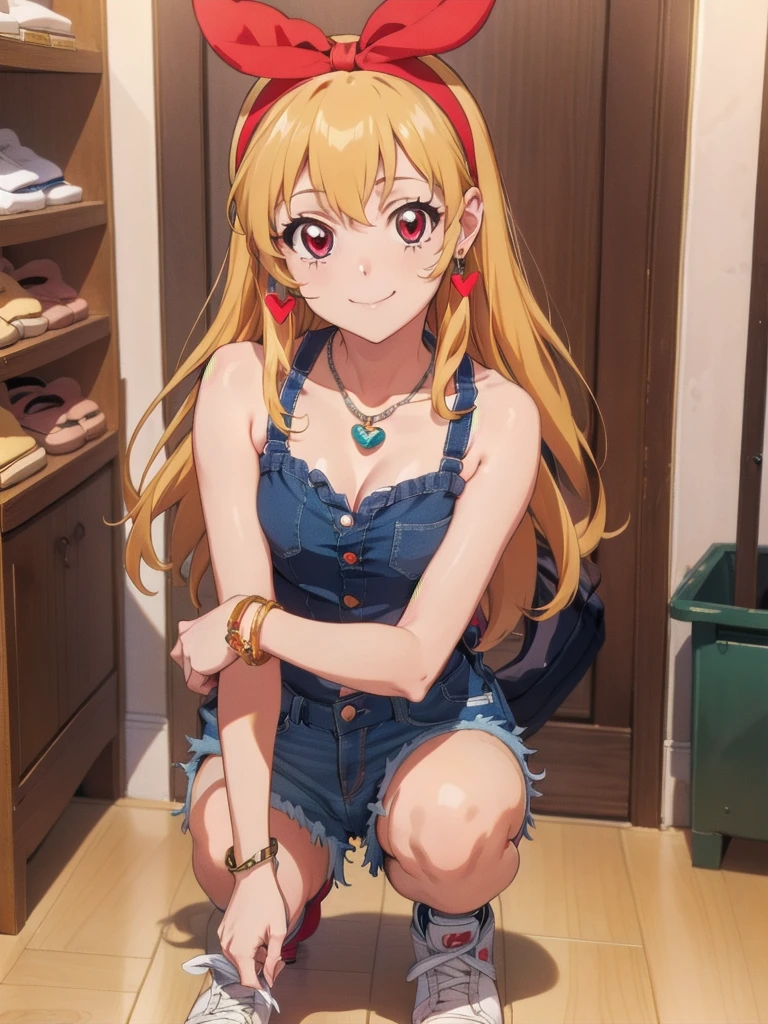 , ((beautiful)), ((masterpiece)), ((best quality)), (extremely detailed face), perfect lighting, highres, 8k, wallpaper, backlit, (absurdres), (ultra detailed, 8K, ultra highres:1.2), BREAK,(RED Ribbon on HAIRband:1.2),Blonde HAIR,smile,navel,groin,denim shorts,loose clothes,shirt pull:1.4,shorts pull:1.4,A fashionable female ,dressed in a casual yet stylish outfit,browsed the racks of clothes at the department store. She hummed a tune to herself as she examined the various accessories and small items on display. Her outfit consisted of a pair of ripped denim shorts paired with a loose, camisole and a pair of sneakers. She accessorized with a small, silver bracelet on her wrist. As she shopped, the girl couldn't help but be drawn to the various colorful and glittering items in the store. She picked up a pair of cute, heart-shaped earrings and a matching necklace,admiring them in the bright, fluorescent lighting,Ichigo Hoshimiya (Aikatsu!),from below,squatting,groin_focus,