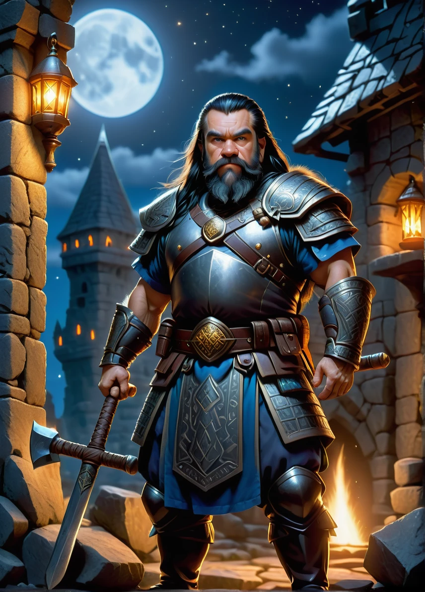 dwarf warrior, mature male, long black hair, beard, dwarf symbols and patterns, old ruins at night, holding an axe, full shot, ((looking at viewer:1.2), (from side:0.8)), full armor, athletic, volumetric lighting dynamic lighting, real shadows, vibrant contrasting colors, style of Stephen Hickman and Stan Manoukian, ultra realistic, masterpiece, high quality, highres, sharp focus, intricate, sharp details, highly detailed, rich color, 8K,