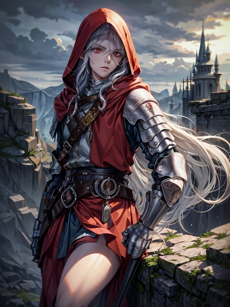 Young elf guy, shoulder-length white long hair, red eyes, clothes of a medieval tramp, robber outfit, hood, full-length, against the backdrop of a rocky coast, storm and rain, gloomy atmosphere, high quality, anime