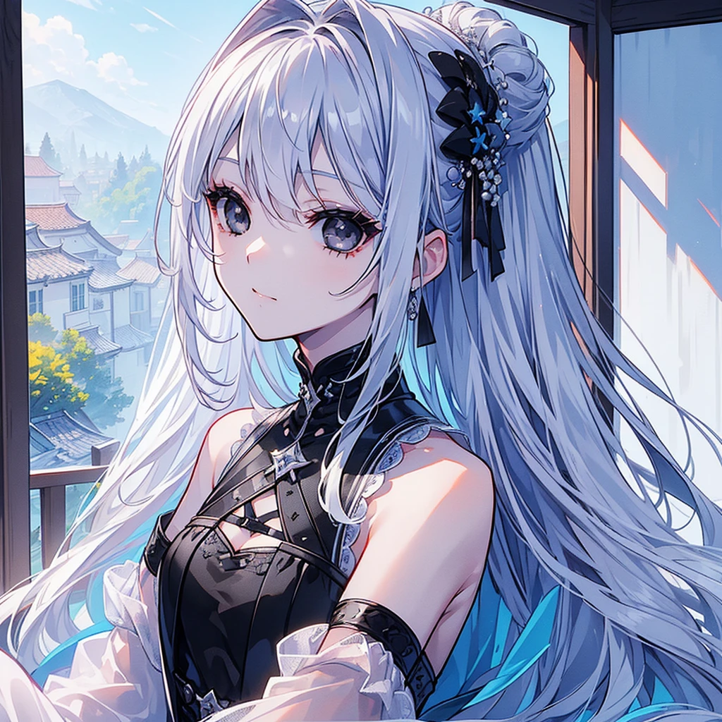(Top image quality)、(Ultra Detailed)、(Facing forward)、top quality、masterpiece、((((1 girl))))、Silver Hair、white hair、((Long hair))、(black eyes:1.6)