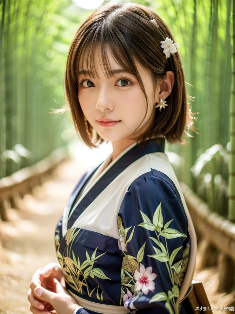 mAsterpiece, best quAlity, ultrA-detAiled, kAwAii, Niedlich, Schön, sexy,, extremely detAiled, 4K, 8K, best quAlity, beAutiful, reAlistic,Allein, , beAutiful light brown hAir, beAutiful eyes, short hAir, eArrings, leichtes Lächeln, traditional japanese Kimono, lens flAre, lAtex, in a japenes bamboo forest, wearing beautiful komono