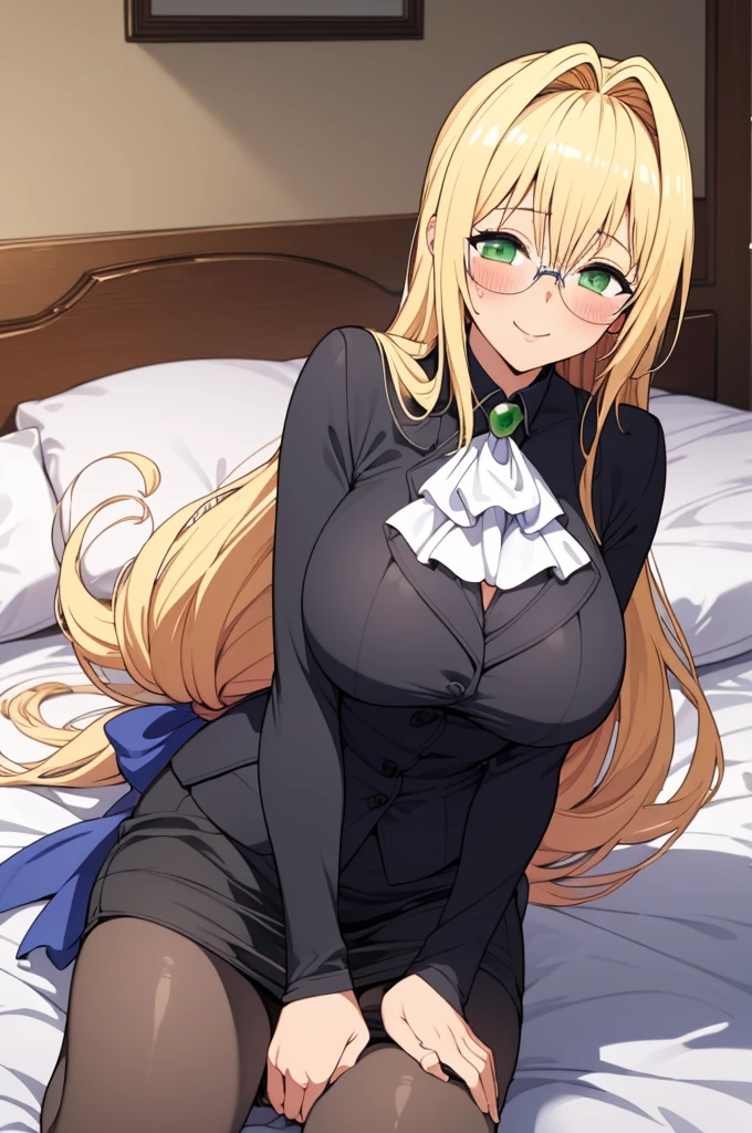 (masterpiece, best quality), 1girl,   aatearju, very long hair, low-tied long hair, hair ribbon, green eyes, glasses,blonde, huge breasts, white ascot, black jacket, long sleeves, black skirt,on bed,looking viewer,blush,smile,pantyhose,nsfw