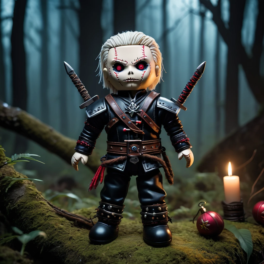 (knitted toy voodoo doll:1.8), (voodoo Geralt1.4), (of Rivia from The Witcher:1.4), (Clothing: leather armor with wolf medallion, black trousers:1.0), (Accessories: silver sword, potions vials:1.1), (background: dark and mystical forest with moonlight filtering through trees:1.2)), best quality, masterpiece, detailed soft oil painting, detailed background, dramatic cinematic lighting, soft edge lighting, professional, dramatic lighting, hard edge lighting, ultra quality, 4k, masterpiece, best quality, 8k, ultra high definition, high resolution, extremely detailed
