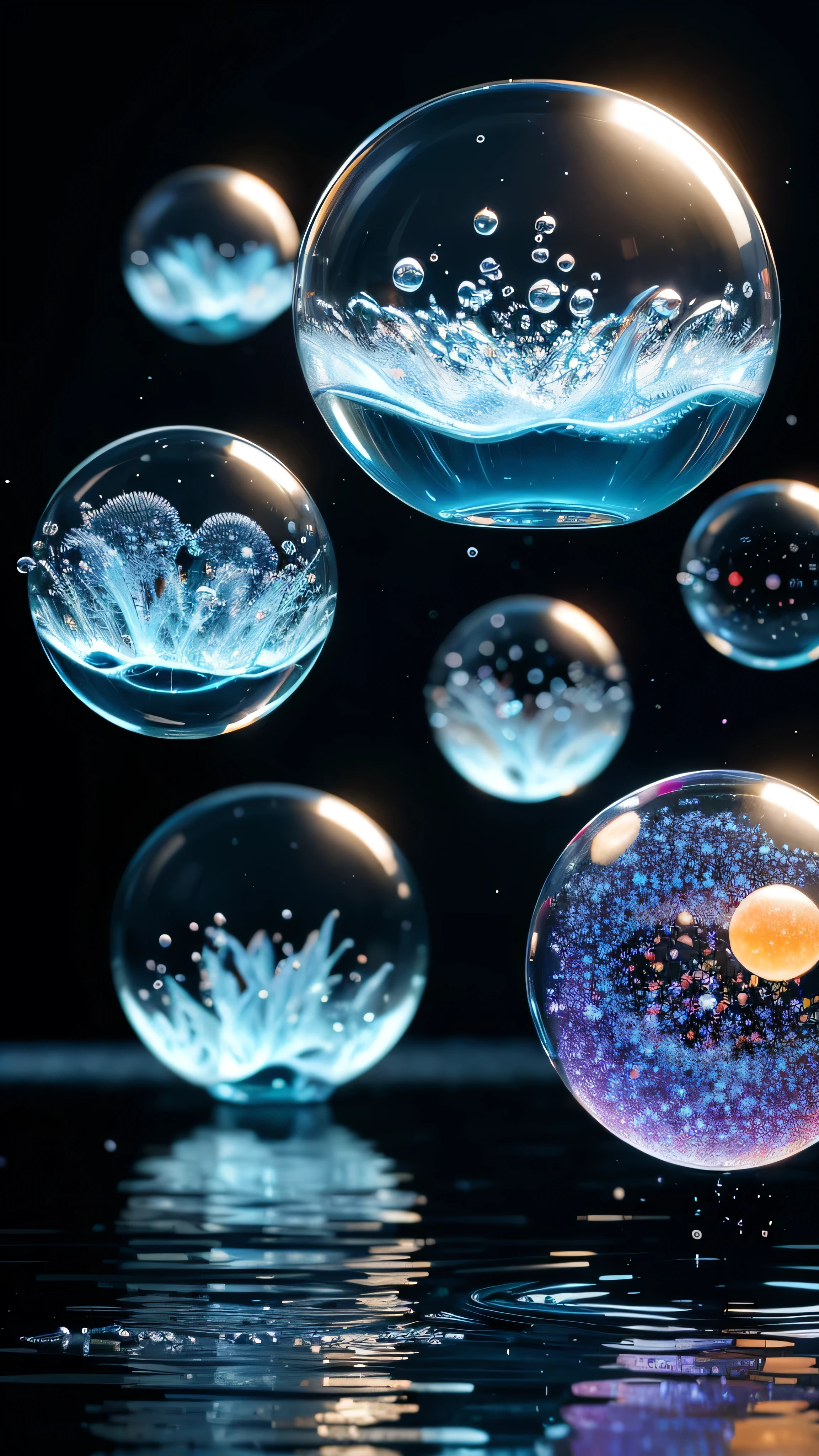 born, Highest quality, High resolution, masterpiece: 1.3), Bubbles floating on water, masterpiece, Soft and forgotten, Realistic, 1 scene, A closer look, Shining Surface, Translucent foam, Dynamic Movement, Enchanting, quiet, peaceful, calm, Gentle Dance, The joy of nature, calm down, appease, refresh, 3D Octane Rendering, Ray Tracing, Super Detail Viewer, close, Particle Effects, Volumetric lighting, Shadow play, Ambient Lighting.
Transparent bubbles floating on water, Their soft and forgotten shapes are captivating