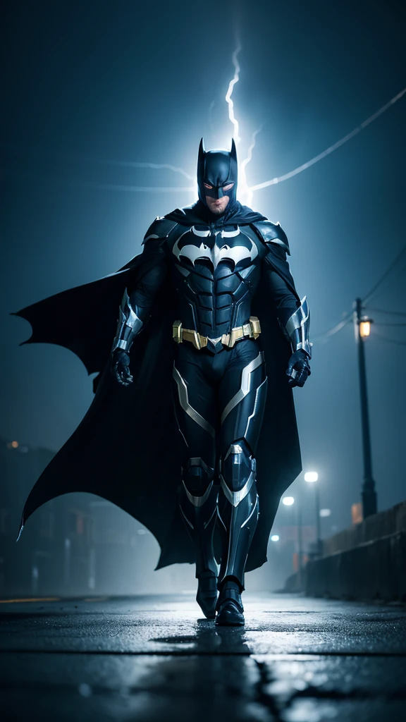 Masterpiece, best quality, NVIDIA RTX, sharp picture, cinematic lightning, hi-tech futuristic batman, perfect face details, proportional body, facial hair, glowing eyes, luminous mecha-armor:1.3, glowing mecha armor:1.3, perfect cape, cape blown by strong winds:1.3, symmetrical pose, full body, epic lights reflection, night, dark alley, fogs