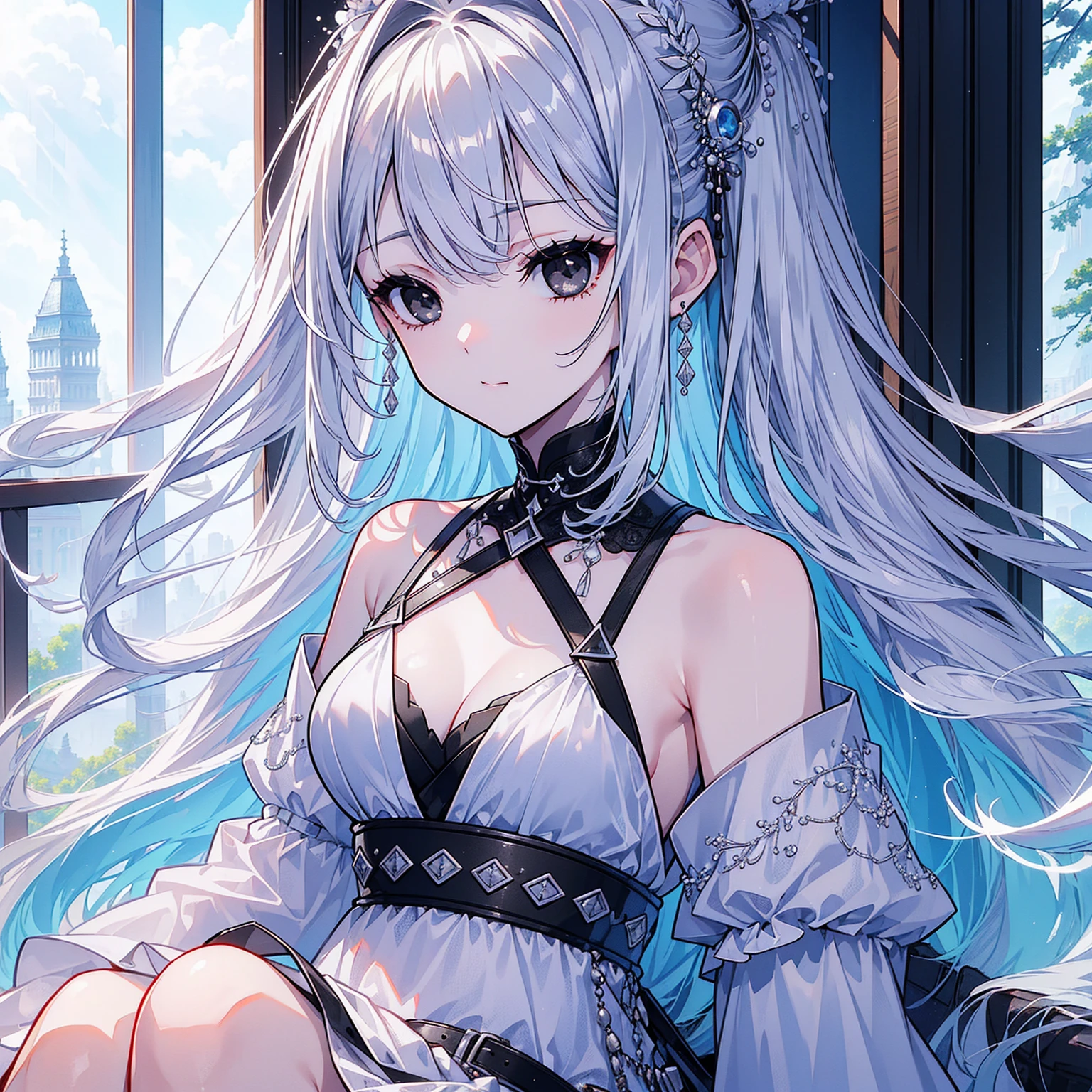 (Top image quality)、(Ultra Detailed)、(Facing forward)、top quality、masterpiece、((((1 girl))))、Silver Hair、white hair、((Long hair))、(black eyes:1.6)