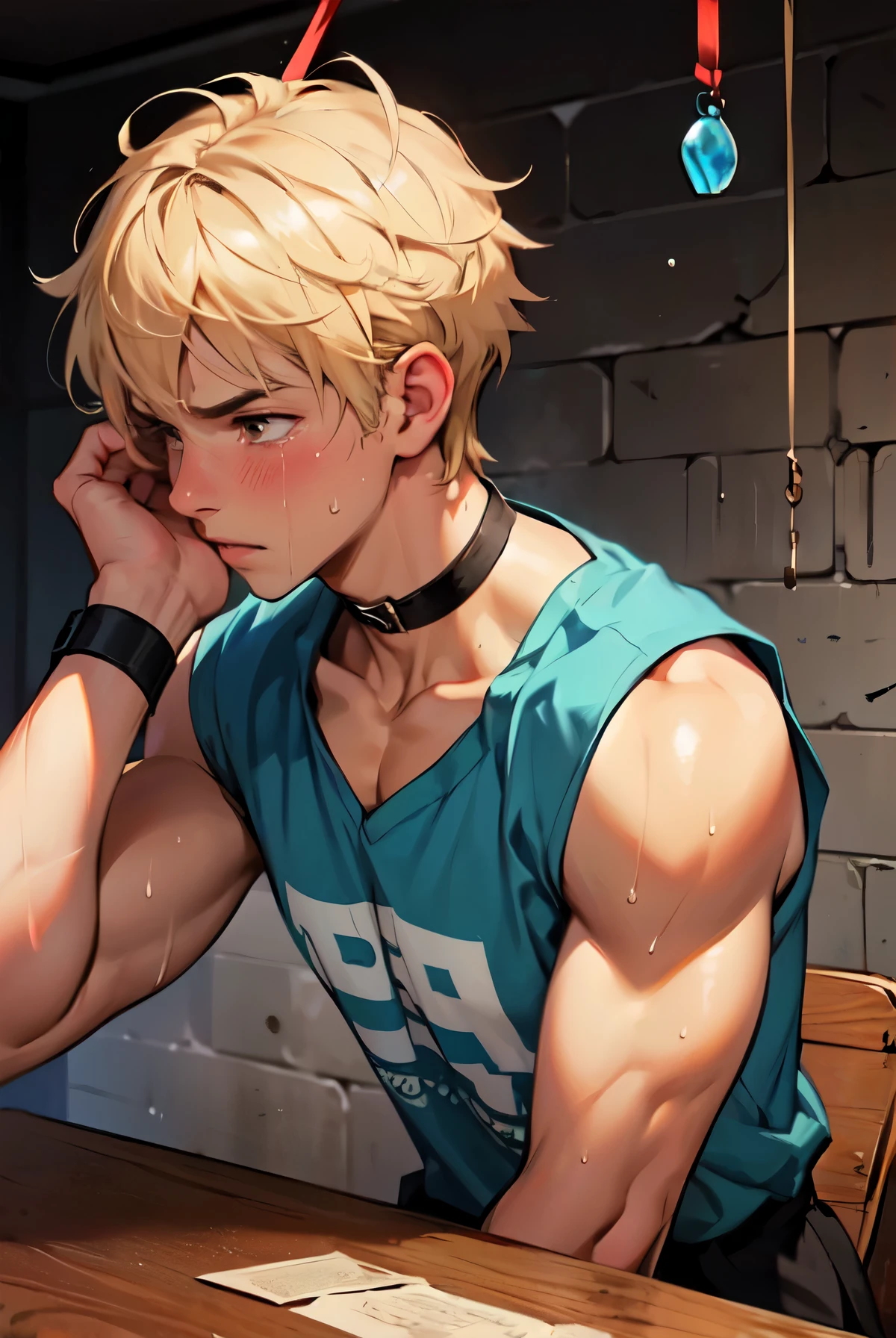 ((Highest quality, 8K, Super detailed, Tabletop: 1.3)), basement,18-year-old boy held captive by pervert.,Hands tied and hung from the ceiling.,Look straight ahead,Blonde Short Hair,Brown Eyes,(Cute :1.1),Handsome like a model, Jockstrap,topless, Sweat vapor, Crying face,Displeased,blush,Part your lips,Stiff resistance, bondage,boxer shorts,What is BDSM?,choker,Hangman,Lock,High-quality images,High-quality images,Reality,Detailing,Vibrant colors,