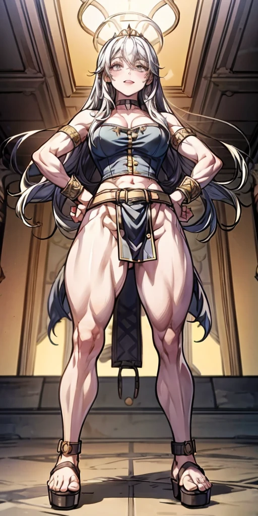 female pale skin full body whole body 1sologirl standing loincloth warrior proud expression, hands on the hips, standing loincloth, hands on the hips, metal sandals, leather choker with golden bell navel, leather corset, big belt, View from below, Feet together, Bracers, tiara