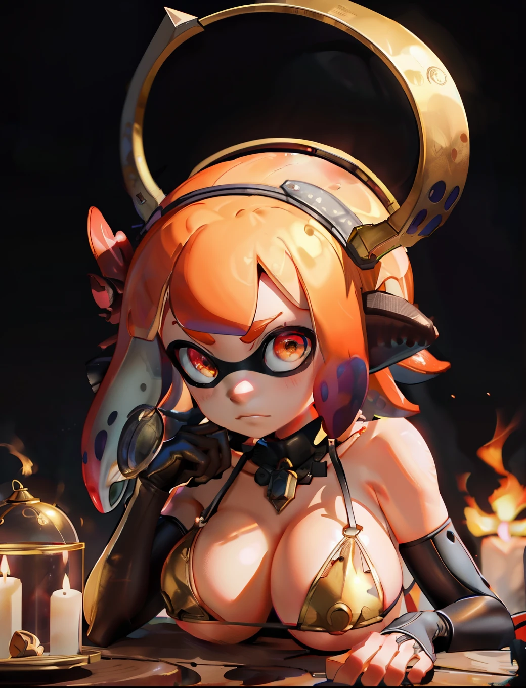 Portraiture, alone, Upper Body, Detailed Background, Detailed face, (GasLampFantasyAI Theme:1.1), Splatoon Girl、Adventurer, Sit by the campfire, Tattered leather clothing, Leather Bikini Armor, Big Breasts、Cleavage、 gloves, (Leather pouch:0.4), Burning Torch, (Abandoned:0.7) Tropical jungle background, Grapevine, Type, Dust, Long-forgotten relic, Dark cinematic atmosphere, occult,, (Golden Eyes, Golden flaming eyes, Golden Road:1.3),