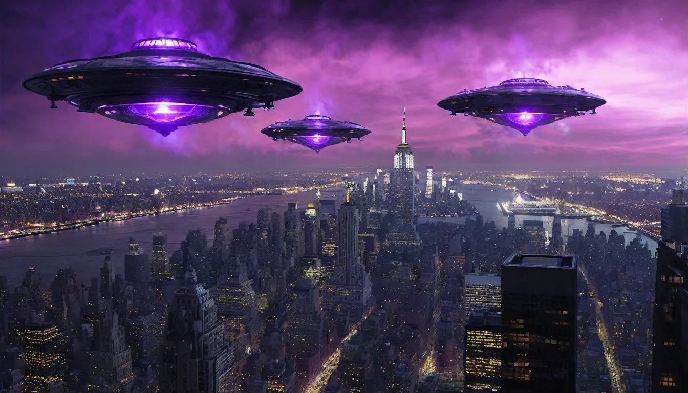 Gray steampunk UFOs with purple glows fly over burning New York, cinematic scene