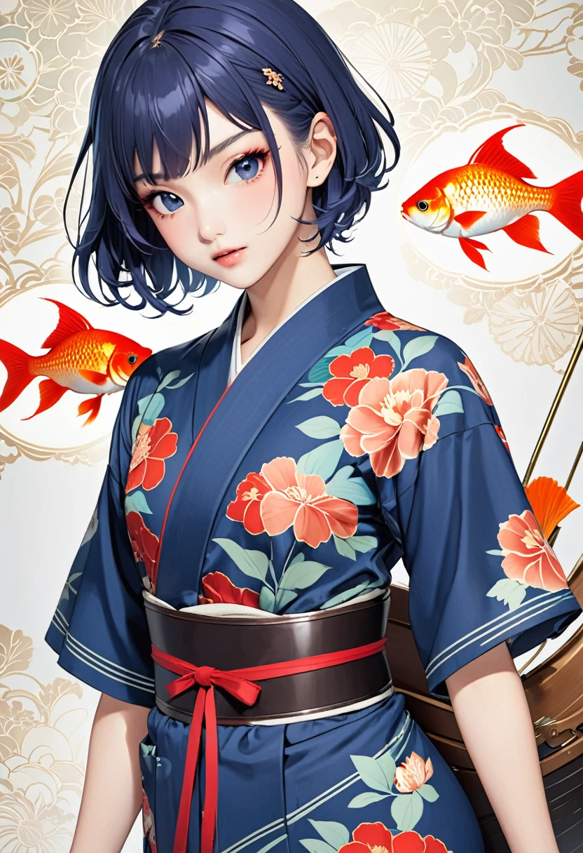 (fashion magazine gravure:1.3),(masterpiece, best quality:1.1),A gravure photo of a girl from the Edo period, with a model posing in a yukata(red),goldfish pattern yukata,open chest erea,Steampunk,model posing,summer,whole body,BREAK.(tween,detailed face,(darkblue wavy-short hair),eyebrows),