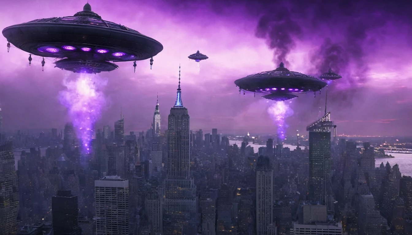 Gray steampunk UFOs with purple glows fly over burning New York, cinematic scene