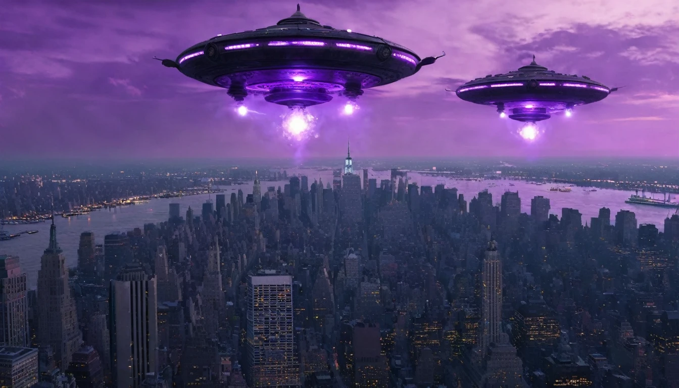 Gray steampunk UFOs with purple glows fly over burning New York, cinematic scene