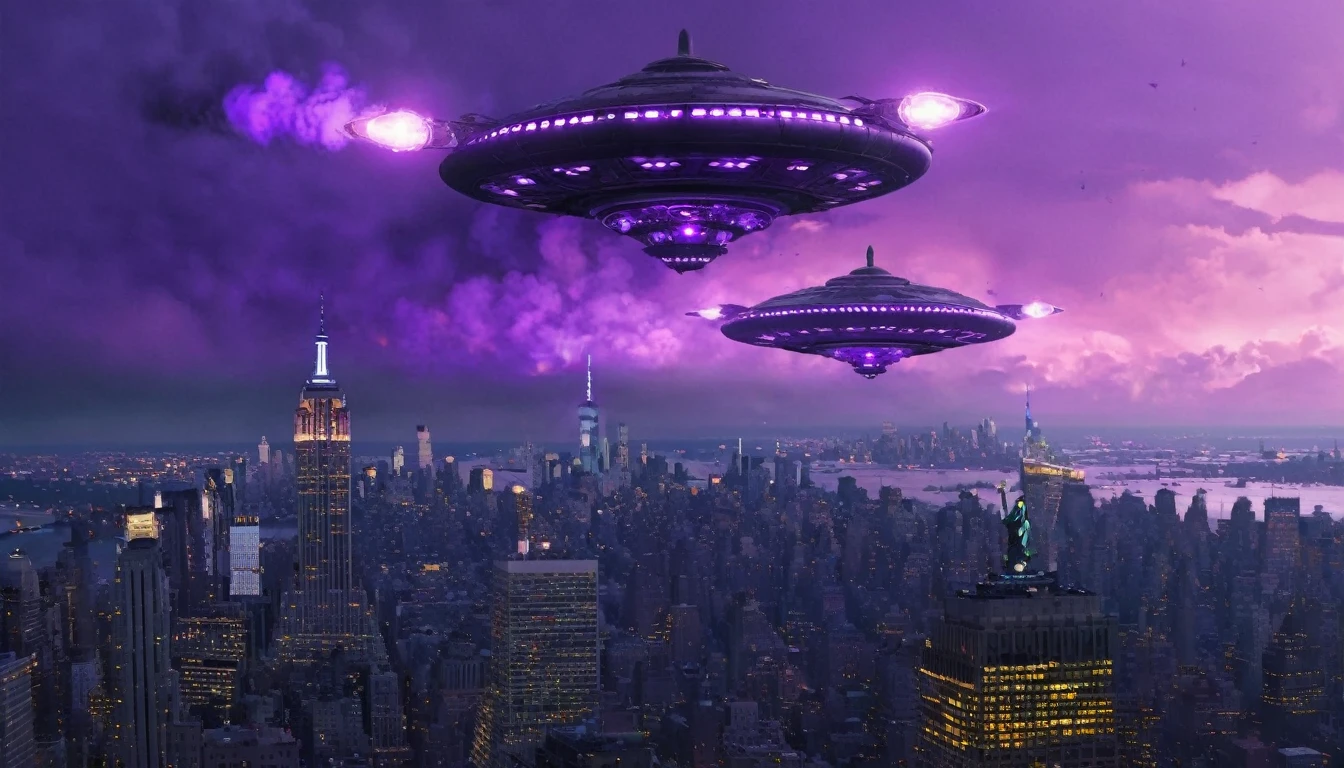 Gray steampunk UFOs with purple glows fly over burning New York, cinematic scene