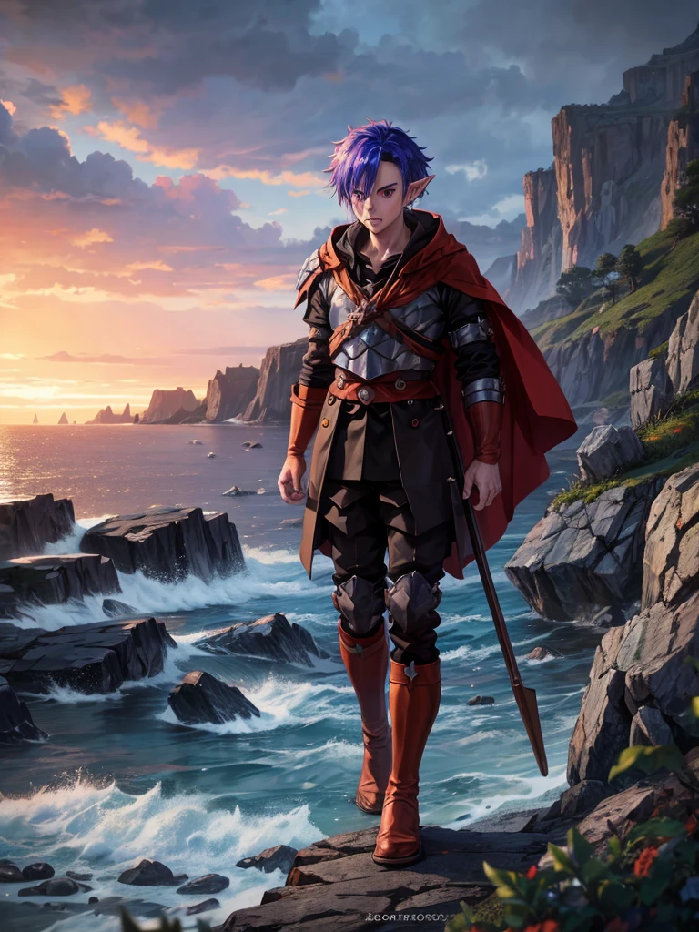 Young elf guy, shoulder-length white long hair, red eyes, clothes of a medieval tramp, robber outfit, hood, full-length, against the backdrop of a rocky coast, storm and rain, gloomy atmosphere, high quality, anime