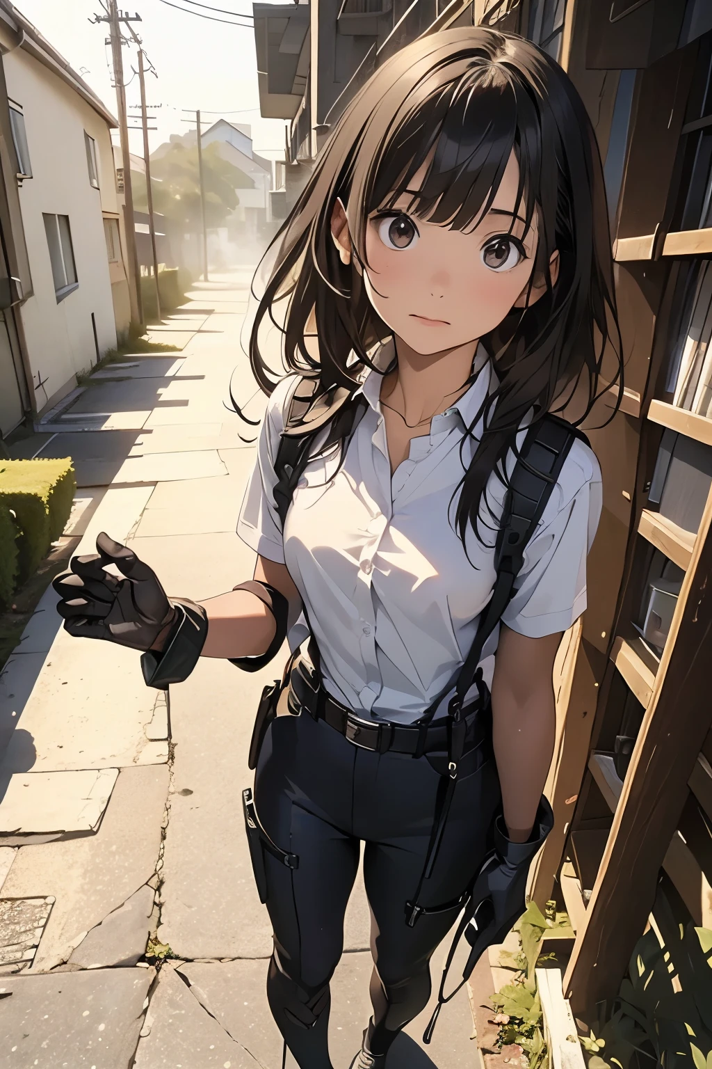 Highest quality, masterpiece, Ultra-high resolution, (realism: 1.4), Oil painting style, Cinema Lighting, An endless grassland dotted with a few houses, I stood on the empty asphalt road and looked at it., Fairy Mountain々was shrouded in mist, And the suspenders with the cranes flying　　　Moderate breasts　 　 　　　　Small face　 　　　holster　　　Beautiful woman　　　　 Lying in bed　Looking up　　　　Sweat 　　　belt　summer　脇Sweat 　Black Hole Gloves　suit　shirt　　Black jacket　 Black trousers　Leg Links　ズボンにbelt　　holster　Nipples showing through clothes, caught　Both hands above the head　Hands behind your back　mask