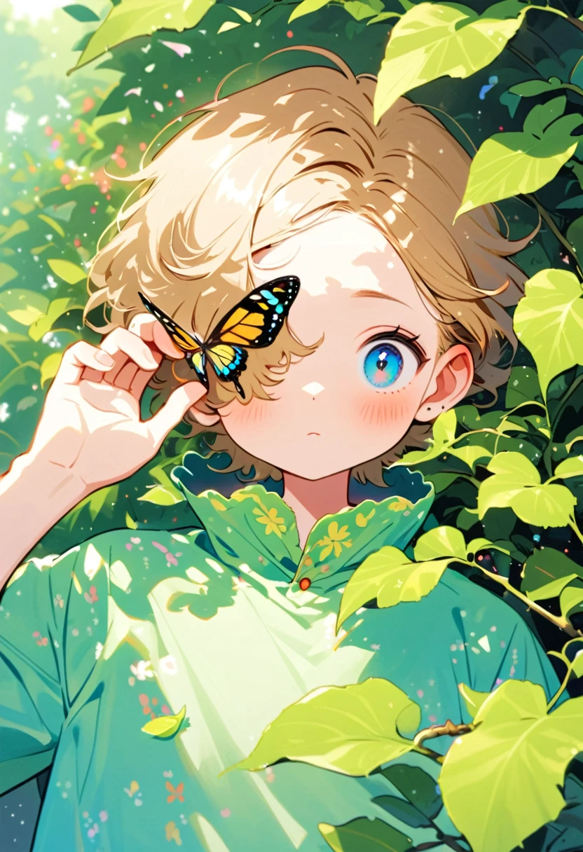 Style 9,boys,Covering one eye with leaves,Butterfly landed on the eye
