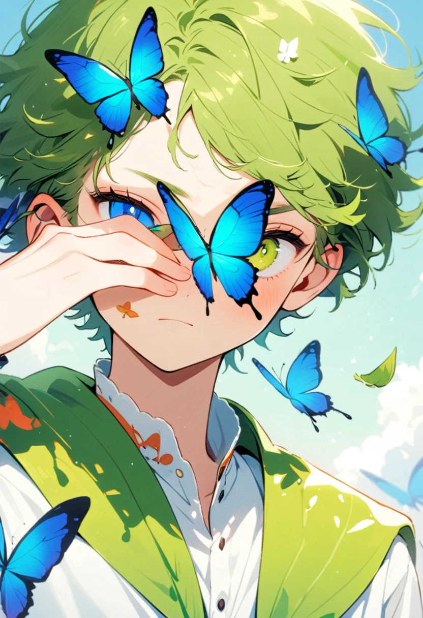 Style 9,boys,Covering one eye with leaves,Butterfly landed on the eye