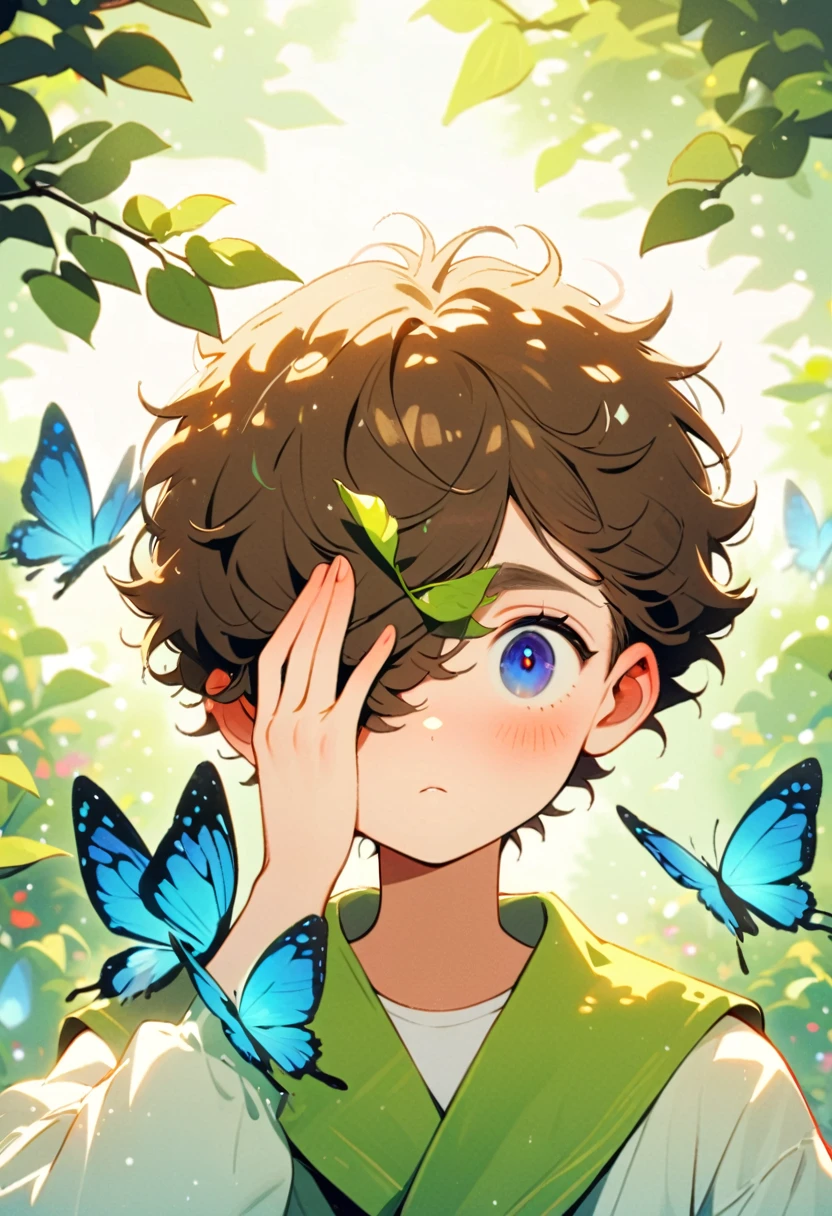 Style 9,boys,Covering one eye with leaves,Butterfly landed on the eye