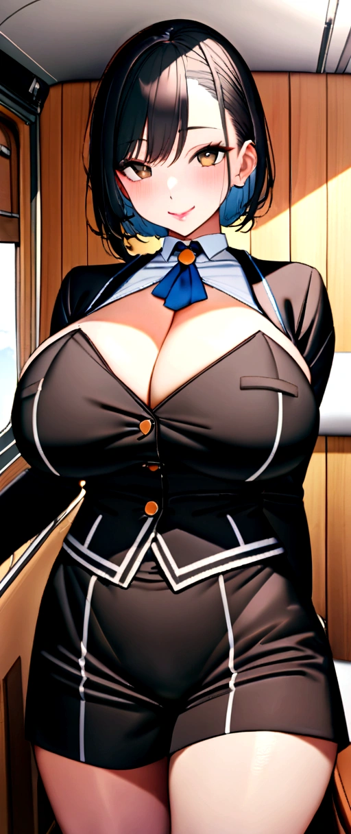 1Japanese woman, Solo, 30-years old, (Cabin Attendant Uniform:1.3), Smile, fluffy brown eyes, Beautiful face, Black short hair, (Huge breasts), (Detailed face), Detailed lips, Detailed face, Detailed chest, detail, Perfect body, Standing, Cowboy Shot, ((Background: in an airplane)), 8K, of the highest quality, Intricate details, Ultra Detail, Ultra High Resolution, masutepiece,
