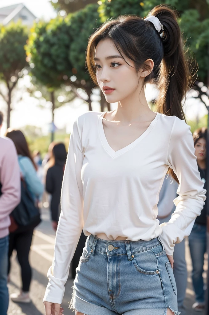 (((best quality))),(((ultra detailed))),(((masterpiece))),illustration,((1 beautiful girl,solo)),((slim,thin)),((small breasts,flat chest)), outside school gate, summer twilight, sunlight,(short ponytail:1.3),((white long-sleeved shirt)),(clavicalis:1.3),((denim shorts,slender legs)),animated face, excited eyes, sounds of laughter, chatter, excitement of summer vacation, air filled with energy, school gate golden glow, symbol of end of academic year, schoolyard transformed, reunion, farewells, embracing setting sun, face illuminated, moment captured, fleeting instant, essence of summer, carefree spirit, youthful exuberance, embodiment of season, sun dips, rosy glow, joy of living,promise of adventures,((standing,from front,upper body)),(surrounded by crowded crowds:1.3)