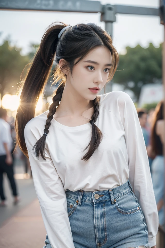 (((best quality))),(((ultra detailed))),(((masterpiece))),illustration,((1 beautiful girl,solo)),((slim,thin)),((small breasts,flat chest)), outside school gate, summer twilight, sunlight,(short ponytail:1.3),((white long-sleeved shirt)),(clavicalis:1.3),((denim shorts,slender legs)),animated face, excited eyes, sounds of laughter, chatter, excitement of summer vacation, air filled with energy, school gate golden glow, symbol of end of academic year, schoolyard transformed, reunion, farewells, embracing setting sun, face illuminated, moment captured, fleeting instant, essence of summer, carefree spirit, youthful exuberance, embodiment of season, sun dips, rosy glow, joy of living,promise of adventures,((standing,from front,upper body)),(surrounded by crowded crowds:1.3)