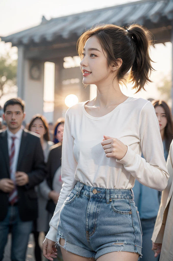 (((best quality))),(((ultra detailed))),(((masterpiece))),illustration,((1 beautiful girl,solo)),((slim,thin)),((small breasts,flat chest)), outside school gate, summer twilight, sunlight,(short ponytail:1.3),((white long-sleeved shirt)),(clavicalis:1.3),((denim shorts,slender legs)),animated face, excited eyes, sounds of laughter, chatter, excitement of summer vacation, air filled with energy, school gate golden glow, symbol of end of academic year, schoolyard transformed, reunion, farewells, embracing setting sun, face illuminated, moment captured, fleeting instant, essence of summer, carefree spirit, youthful exuberance, embodiment of season, sun dips, rosy glow, joy of living,promise of adventures,((standing,from front,upper body)),(surrounded by crowded crowds:1.3)