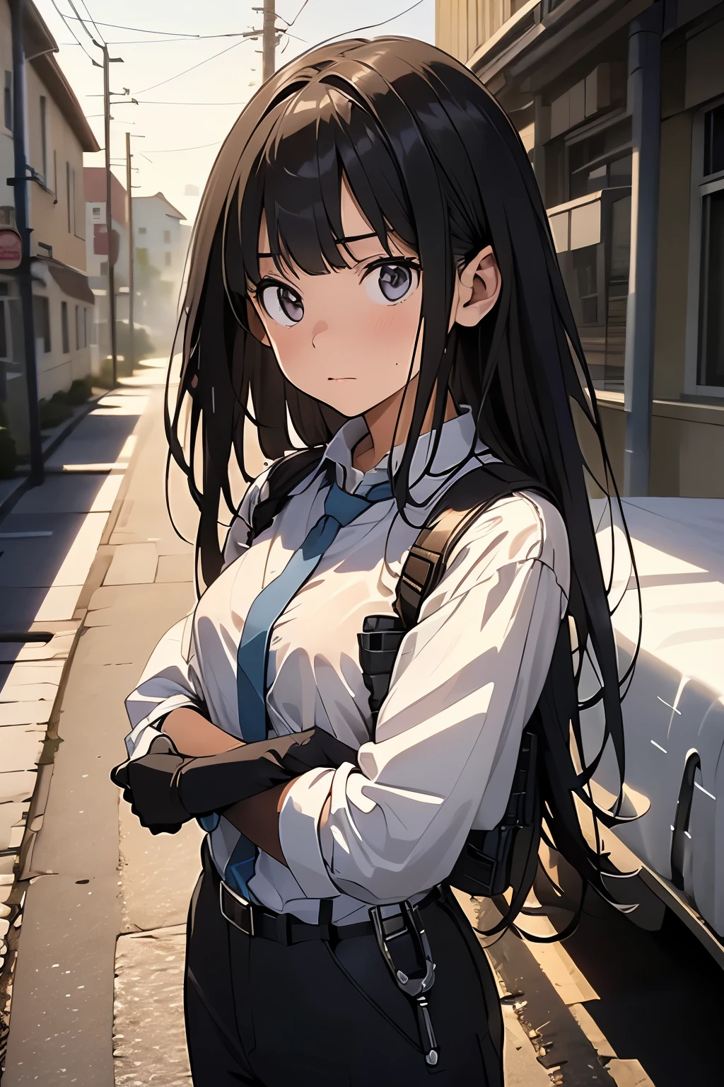 Highest quality, masterpiece, Ultra-high resolution, (realism: 1.4), Oil painting style, Cinema Lighting, An endless grassland dotted with a few houses, I stood on the empty asphalt road and looked at it., Fairy Mountain々was shrouded in mist, And the suspenders with the cranes flying Moderate breasts Small face holster Beautiful woman Lying in bed Looking up Sweat belt summer 脇Sweat Black Hole Gloves suit shirt Black jacket Black trousers Leg Links ズボンにbelt holster Nipples showing through clothes, caught Both hands above the head Hands behind your back mask