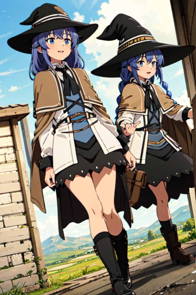 One Girl, Roxy Migurdia laying bed witch Hat, blue eyes, Blue Hair, Twin Blade, Twin tails, (Brown coat:1.1), Cape, Robe, Braided Ponytail, Knee Boots, Good transparency, panties , nude, Browsing Caution, witch, Black socks, ヘアribbon, ribbon, View your viewers, smile, Mouth closed, plein air, sun,, (masterpiece:1.2), High resolution, Highest quality, 8K, Very very clear(((,squat Panty shot)))++ View from below