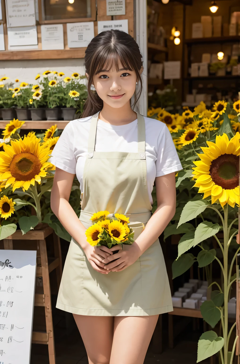 A 20-year-old girl working at a flower shop(Wearing a miniskirt and apron)have a sunflower