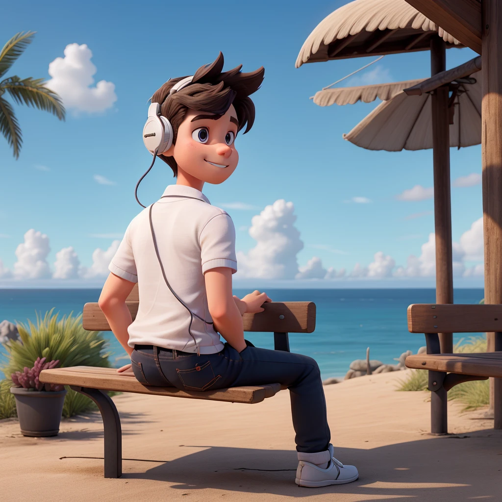 A cute boy sitting in a public bench with casual outfits who is listening to music with his headphones seen from his back from a 400 metre of distance and there is no one there but him and there is only a big ocean with no banks in front of him.