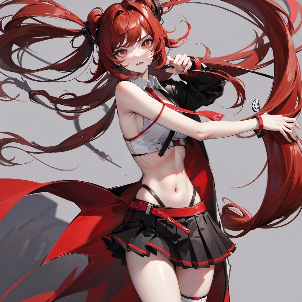 Girl in a miniskirt with a pleated yoke, clothes red and black, White-red hair, Twin-Tail, with beautiful inscriptions on the wall (Background). Full length 2D wallpaper.