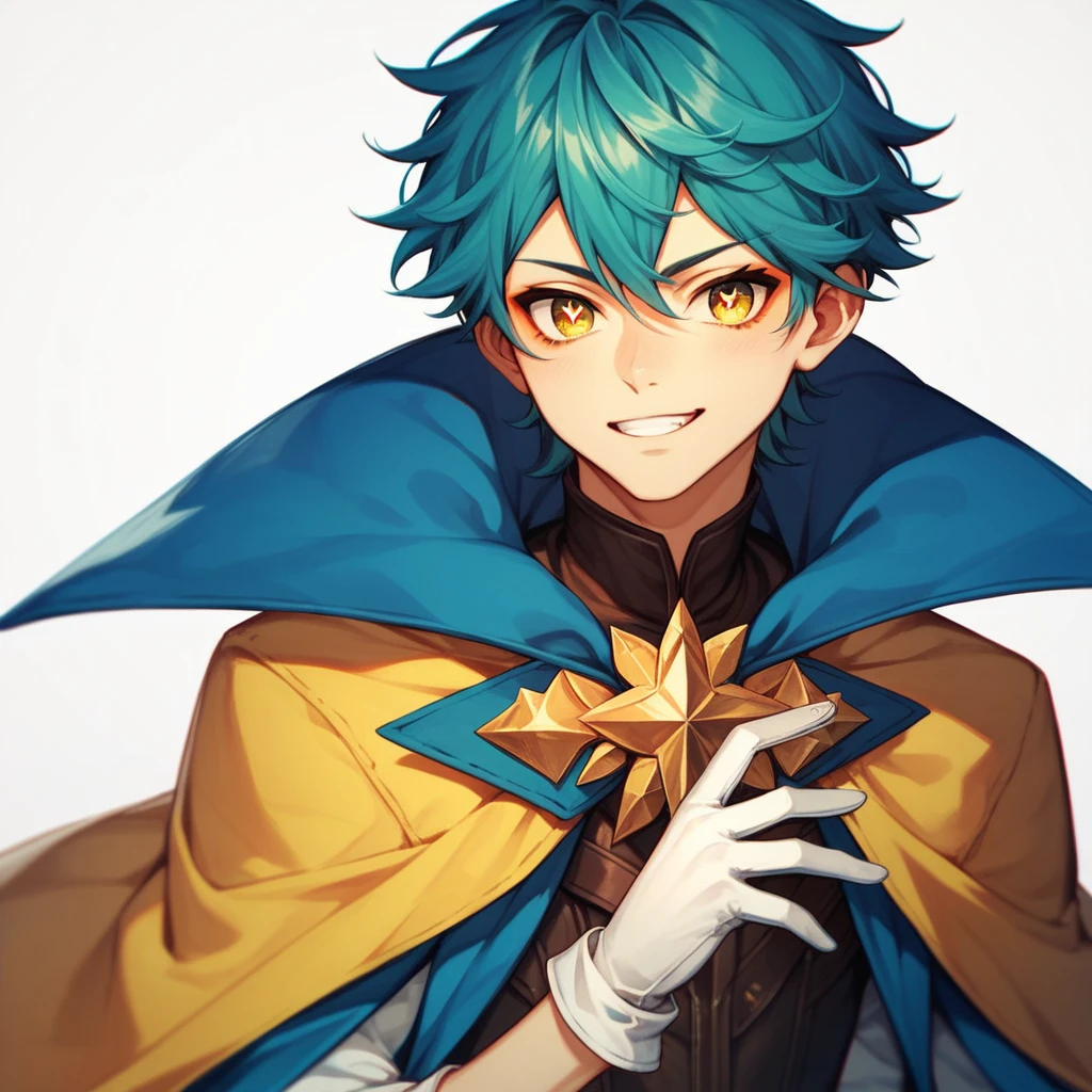1boy, teenager, light skin, short turquoise hair, yellow eyes, star-shaped pupils, white background, colorful and extravagant clothing, cape, white gloves, makeup, anime style, digital art, cute