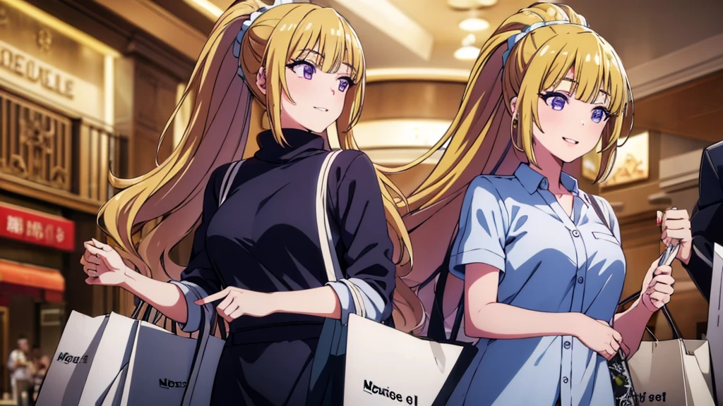 (masterpiece, top quality, best quality, official art, beautiful and aesthetic:1.2), (1girl:1.3), extremely detailed, official artstyle, highest detailed, parted lips,wallpaper, Kei Karuizawa, blonde hair, ponytail hairstyles, violet eyes, bangs, in mall, shopping, carrying shopping bag, shopping at mall, cowboy shot, perfect body, happy shopping, smile, happy, smiling 